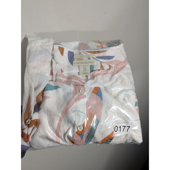 Cynthia Rowley Linen Top Women Plus 1X White Floral Roll Tab Sleeves Tunic - Picture 7 of 7